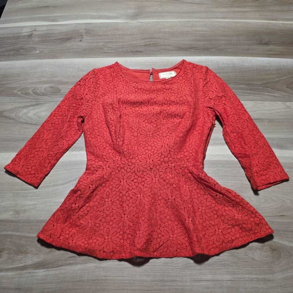 Moulinette Soeurs Lace Peplum Top‎ Womens 2 Red 3/4 Sleeve Floral Anthropologie